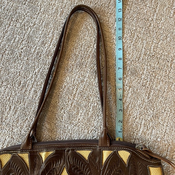 Leaders In Leather Scroll Cut Out Tooled Leather  Bag, Medium Size, Brown/Ivory - Picture 11 of 16